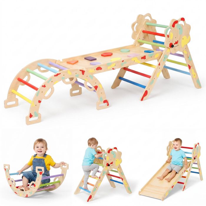 Advwin 8-in-1 Baby Climbing Frame Set Wooden Toddler Climbing Toys Kids Playground Climber Playset Jungle Gyms Rainbow