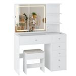 Advwin Dressing Table Stool Set Charging Station Lights Glass Tabletop Vanity Desk White