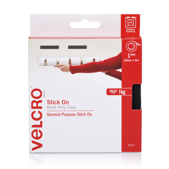 VELCRO 25mm x 5m Black Stick On Hook Only Tape