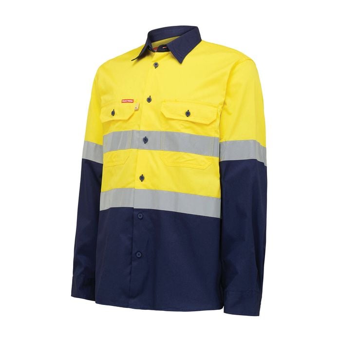 Hard Yakka Yellow/Navy Hi Vis Taped Long Sleeve Shirt - Size XL
