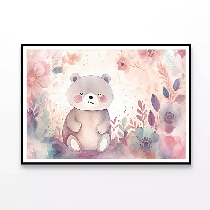 Happy Baby Bear & Flowers  Print 100% Australian Made 120x90cm  (Poster)