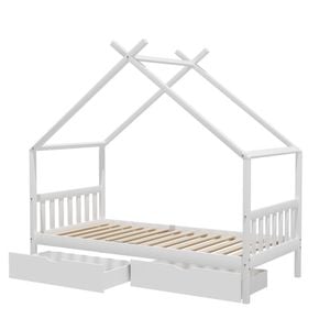Artiss Bed Frame Wooden Base Kids Single Timber House Beds with 2 Storage Drawers White