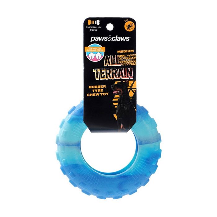 Paws And Claws All Terrain Rubber Tyre Medium Two-Tone Pet Dog Chew/Tug Toy Blue