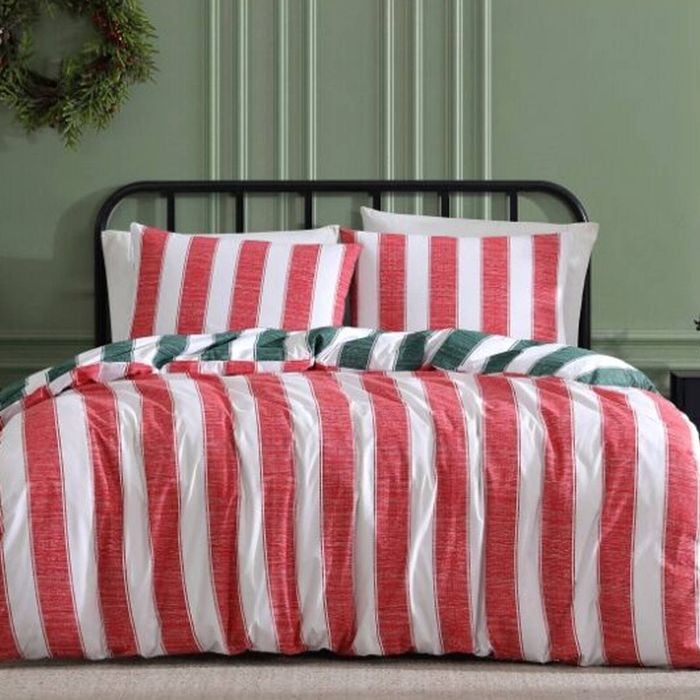Ardor Reversable Candy Stripe Quilt Duvet Cover Set Christmas Single Red/Green