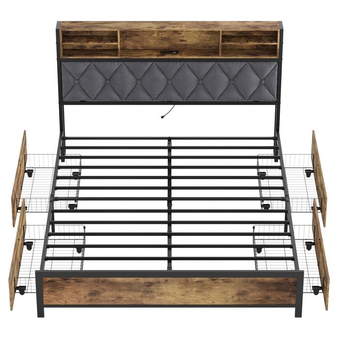 Ufurniture Queen Bed Frame Mattress Base with 4 Drawers and Charging Station Industrial Storage Headboard