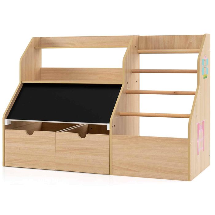 Costway Toy Organizer Bookshelf Blackboard 5 Hanging Rod 2 Drawer-Natural
