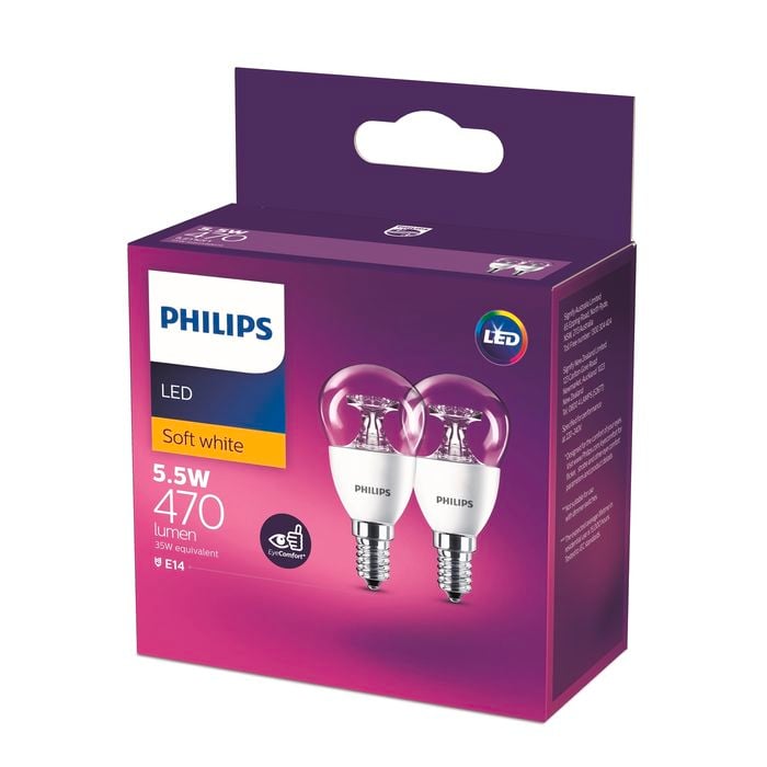 LED 5.5w Warm White E14 Mini Bulb Clear - 2 Pack