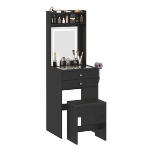 Advwin Dressing Table Set with Glass Desktop Makeup Desk Mirror LED Light Storage Drawers Black