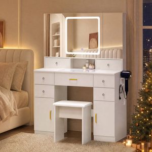 Advwin Dressing Table Stool w/ 3-Way Mirror & RGB & 9 Drawers White