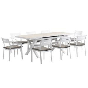 FurnitureOkay Bondi-Mosman 9-Piece Ceramic Outdoor Extendable Dining Setting - White