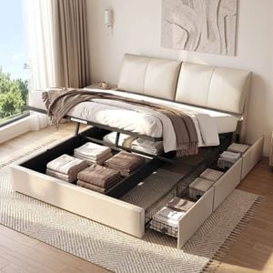 Homfurn King Bed Frame With Gas Lift Storage & 3 Drawers – Adjustable Headboard, 300kg Capacity, Beige