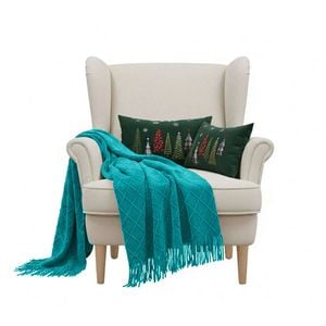 SOGA Christmas Bundle – 2 Dark Green Christmas Forest Lumbar Pillow & Teal Knitted Throw Blanket