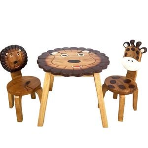 Lion Kids Table Set with 2 Chairs - Handmade Solid Timber