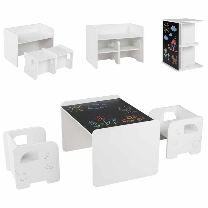 Costway 3pc Kid Table Chair Set Activity Chalkboard Shelves