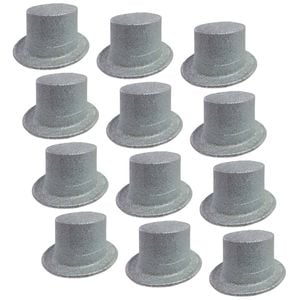 12x GLITTER TOP HAT Fancy Party Plastic Costume Tall Cap Fun Dress Up BULK Silver