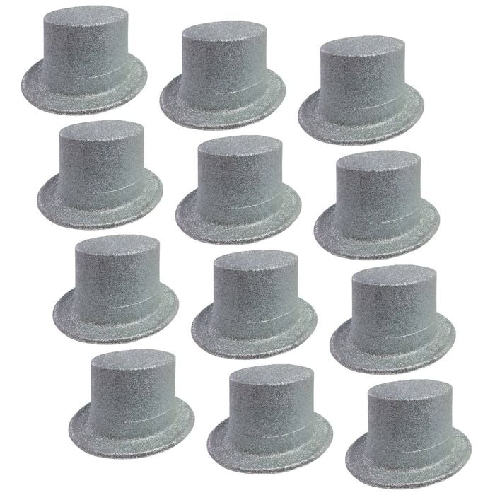 12x GLITTER TOP HAT Fancy Party Plastic Costume Tall Cap Fun Dress Up BULK Silver