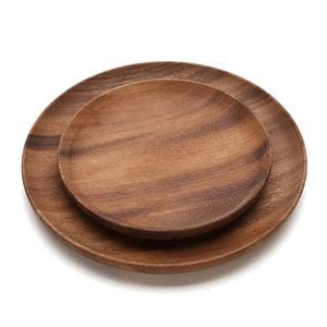 Anygleam Natural Wood 2pcs Round Wooden Plate Food Kitchen Tableware