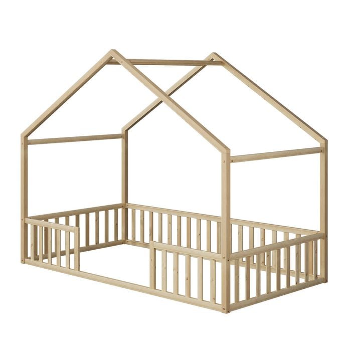 Oikiture King Single House Bed Kids Wooden Bed Frame Natural
