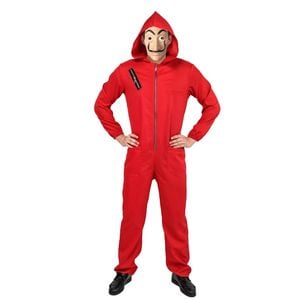 More Than Party Mens Red Robber Costume Halloween Hooded Jumpsuit With Mask S/M