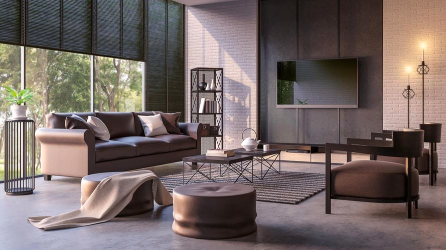 Living room with black blinds