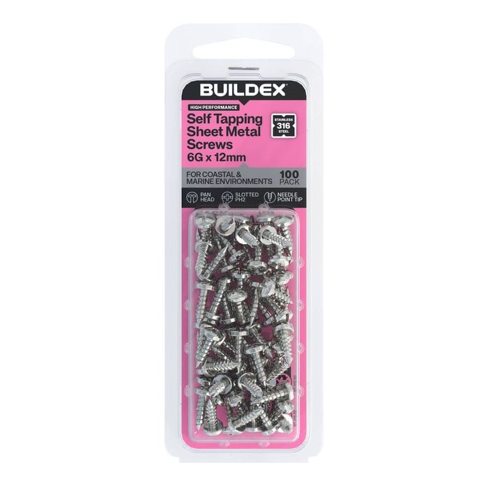 Buildex 6G x 12mm SS316 Self Tapping Sheet Metal Screws - 100 Pack