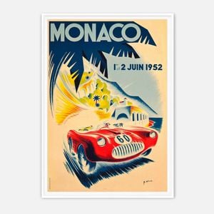 Galrie Vintage 1952 Monaco Grand Prix Art Print by Bernard Minne-Classic Racing Poster, White Frame, A0 84 x 119cm (33 x 47inch)