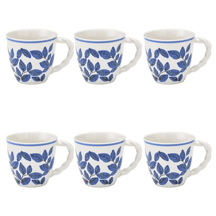 6PK Ecology Joie Gloss Glazed Stoneware Drinking Cup Mug 300ml Blue Leaf