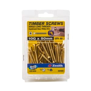 Zenith 10G x 50mm Brass Plated Hinge-Long Thread Countersunk Head Timber Screws - 50 Pack
