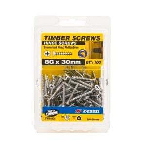Zenith 8g x 30mm Satin Chrome Hinge Timber Screws - 100 Pack
