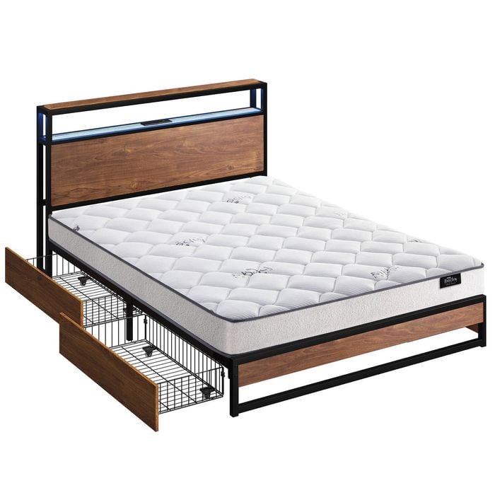 Oikiture Metal Bed Frame King Size Led 4 Storage Drawers Usb With Mattress