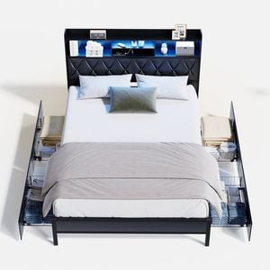Advwin Queen Bed Frame with LED Tufted Headboard 4 Storage Drawers and Charging Station Black