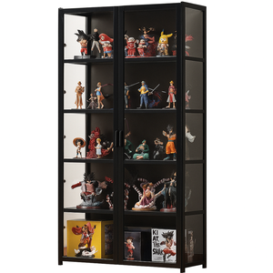 FORET 5-Tier Bamboo Display Cabinet Double Doors Dust-Proof Tall Shelf 161cm BK