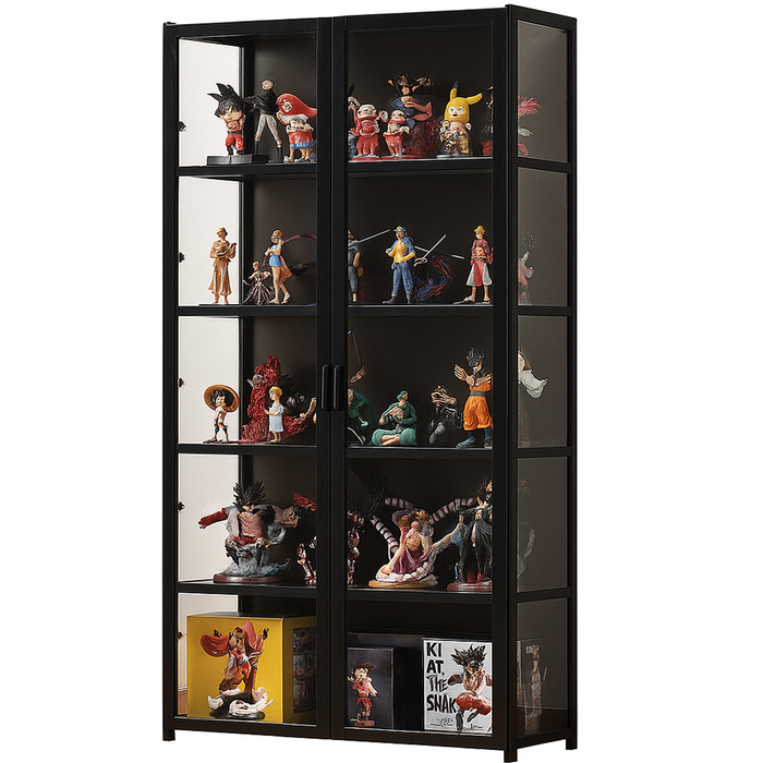FORET 5-Tier Bamboo Display Cabinet Double Doors Dust-Proof Tall Shelf 161cm BK