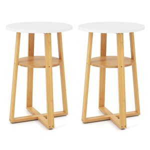 Costway Round Side Table w/Lower Shelf Set of 2 Nightstand End Tables Bamboo Foot Pads-White