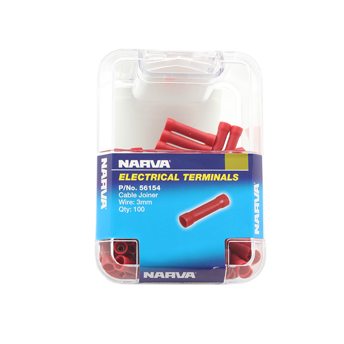 Narva 2.5-3mm Red Flared Vinyl Fully Insulated Cable Joiner (Butt Splice) - 100 Pack