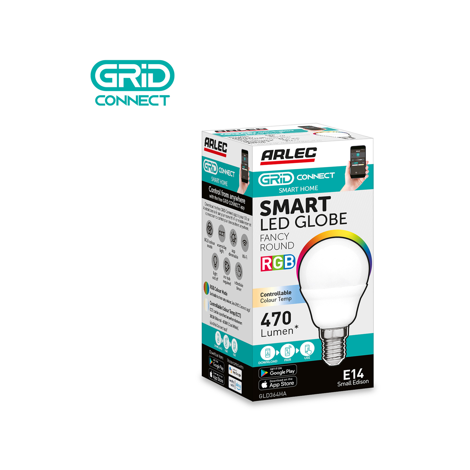Arlec Grid Connect Smart E14 LED 470lm RGB Colour Changing 5.5W Fancy Round Globe Bunnings Australia