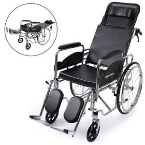 EQUIPMED Folding Manual Reclining Wheelchair Self Propelled, 24" Rear Wheels, Chrome Steel Frame, 46cm Wide Seat, 100kg Capacity