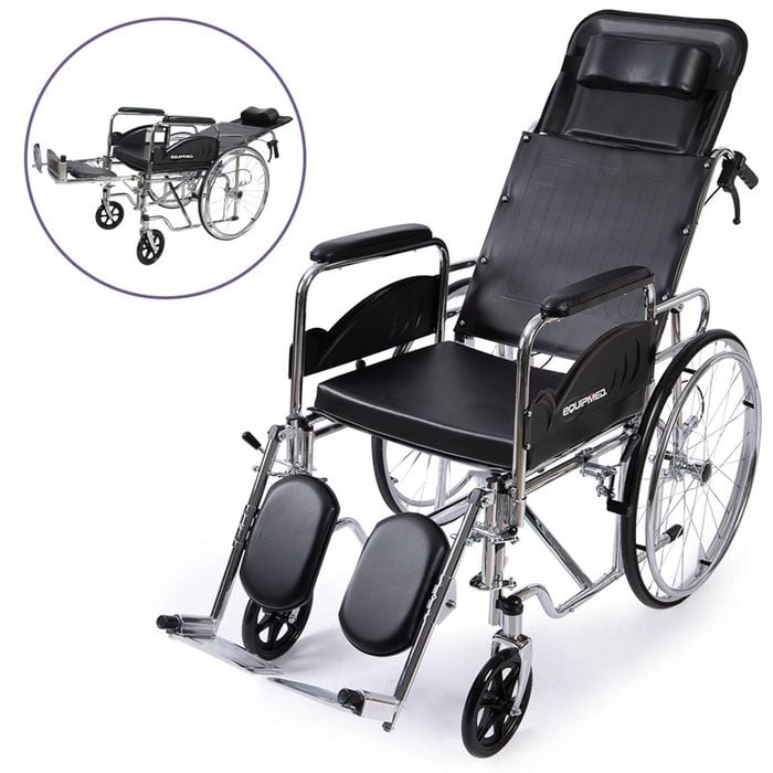 EQUIPMED Folding Manual Reclining Wheelchair Self Propelled, 24" Rear Wheels, Chrome Steel Frame, 46cm Wide Seat, 100kg Capacity