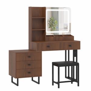 Ufurniture Makeup Vanity Desk Set with LED Mirror & Charging Station & 5 Drawers, Retractable Nightstand Mid-Century Walnut