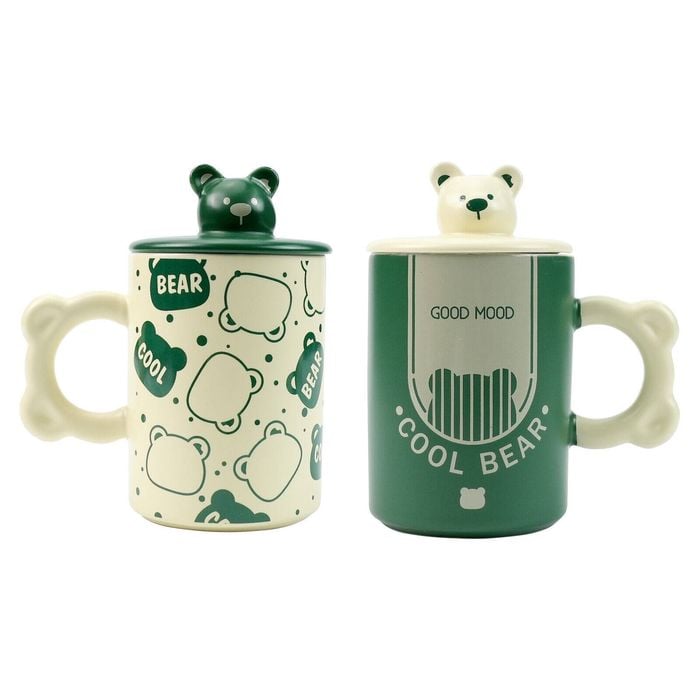 2 Set 400ml Green High-Fired Ceramic Porcelain Mug Set with Lid Bear Tea Spoon