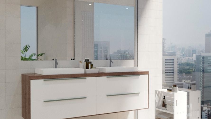 Bathroom with large mirror along with two wash basins, storage shelf and white wall tiles.