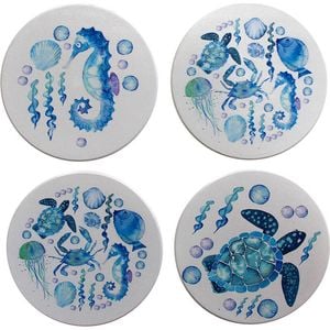 4pc LVD Ceramic Coasters Table Protector Round 9x9cm - Blue Sealife