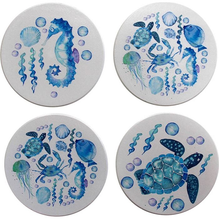 4pc LVD Ceramic Coasters Table Protector Round 9x9cm - Blue Sealife