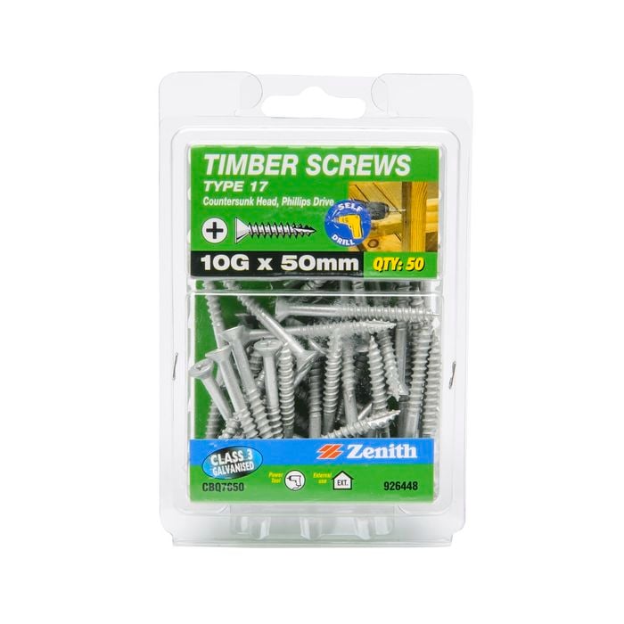 Zenith 10G x 50mm Galvanised Type 17 Countersunk Head Timber Screws - 50 Pack