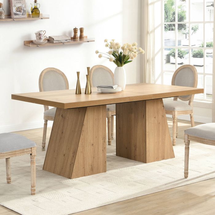 180cm Rectangular Dining Table, Long Dining Room Tables with Double Pedestal for Dining Room, Oak
