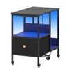 Advwin LED Side Table Sofa End Table w/ Power Outlets & Wheels Slim Bedside Table with Open Shelf & Reversible Drawer Black