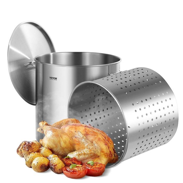 VEVOR Stockpot Silver 100 Quart Large Cooking Pots Stainless Steel with Basket for Home