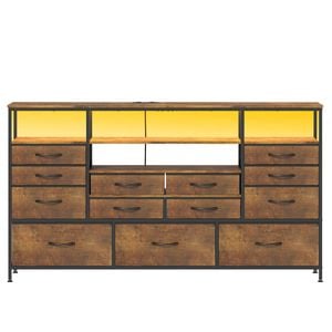 Ufurniture Fabric Chest of Drawers with Charging Station, 13 Drawer Storage Unit, LED Lights & Adjustable Shelves Brown