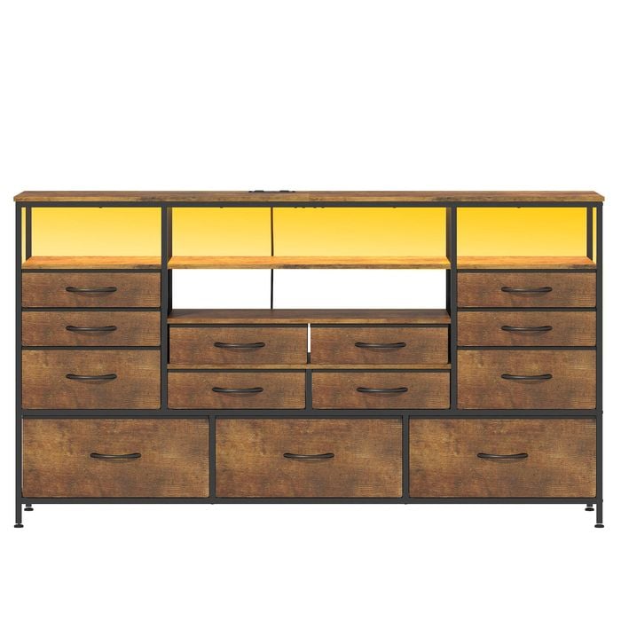 Ufurniture Fabric Chest of Drawers with Charging Station, 13 Drawer Storage Unit, LED Lights & Adjustable Shelves Brown
