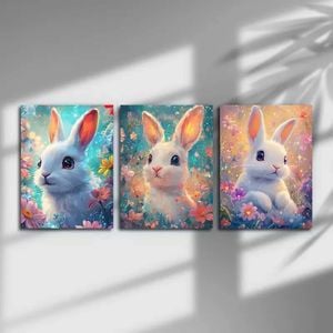 3pcs Vibrant Rabbit Series Linen Paintings Print 100% Australian Made 3 x 40x60cm (Metal Print)